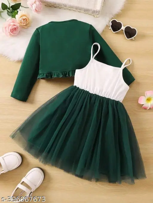 Baby girls Ruffle Trim Jacket & Appliques Mesh Flare Hem Cami Dress